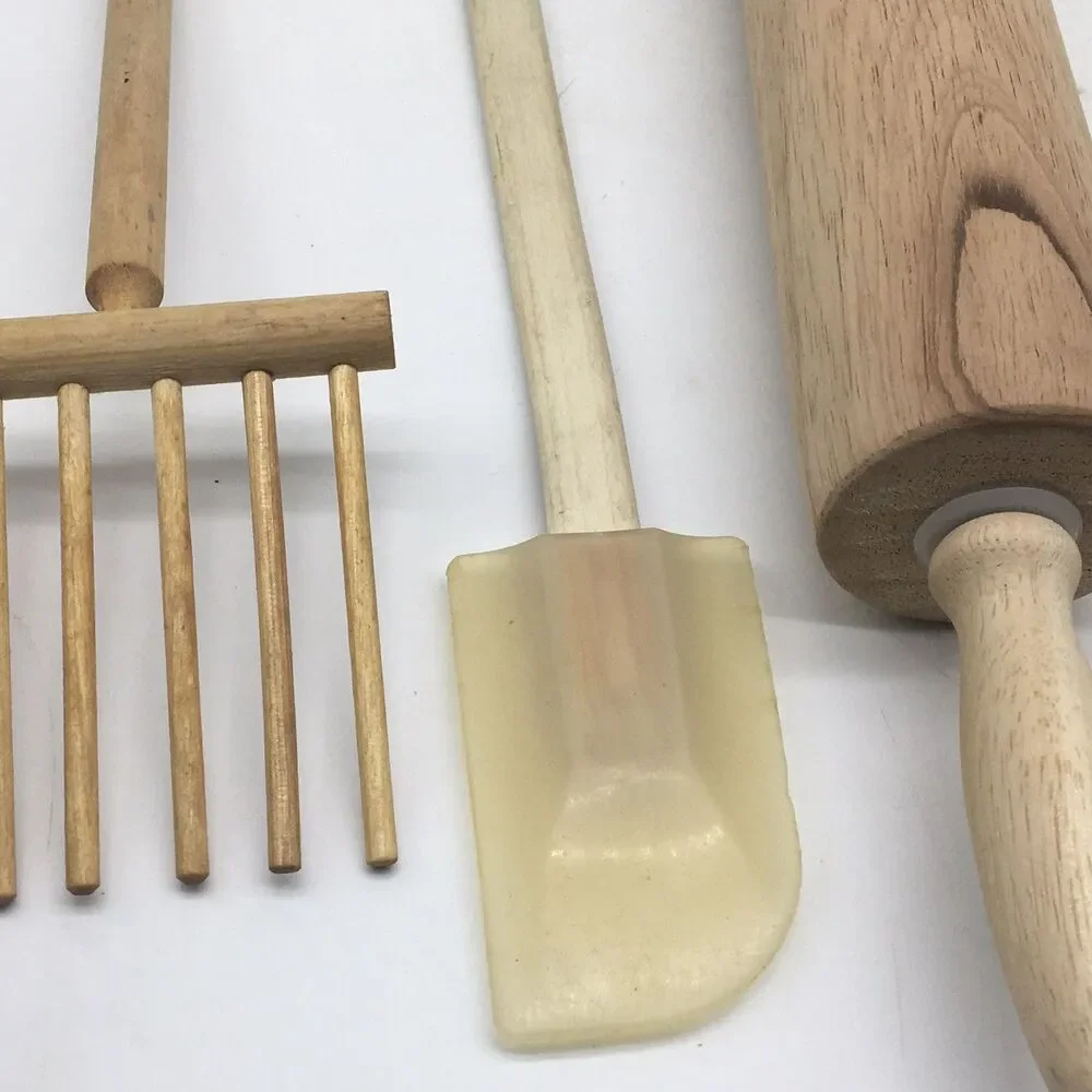 Vtg Lot Of 9 Wooden Kitchen Utensils Fork Wooden spoon Spatula Rolling Pin